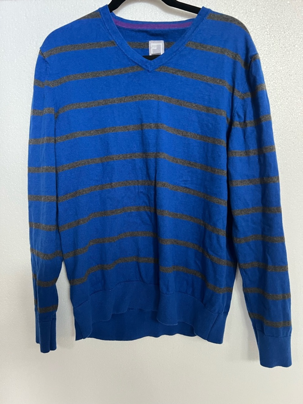 Men's Blue CASHMERE and COTTON V-Neck Sweater with Gray Stripes jcp size L